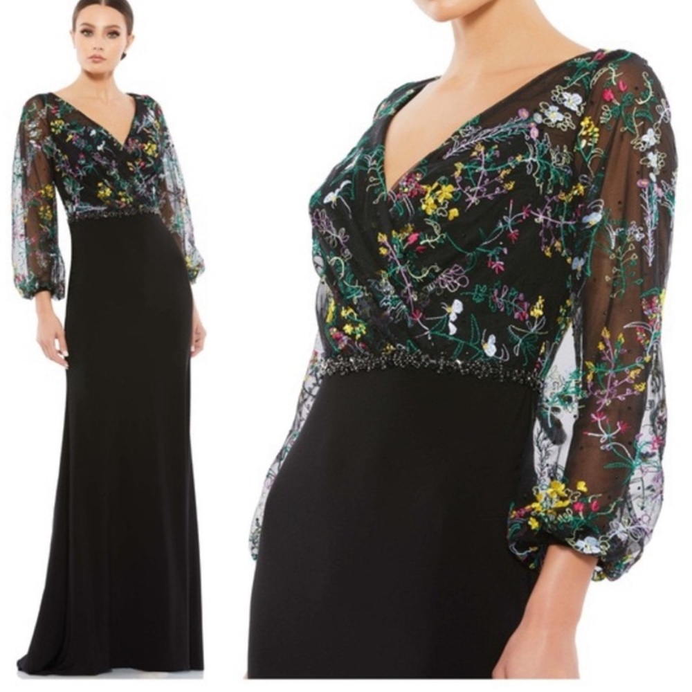 Mac Duggal Embroidered Illusion Puff Sleeve Column Gown Floral Black, SIZE 10